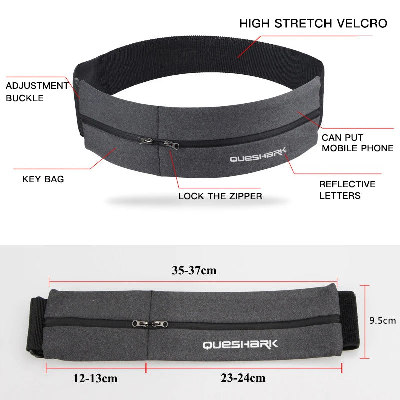 QUESHARK Pro Reflective Elastic Waistband Sport Bag Double Zipper Pocket - A.B.A