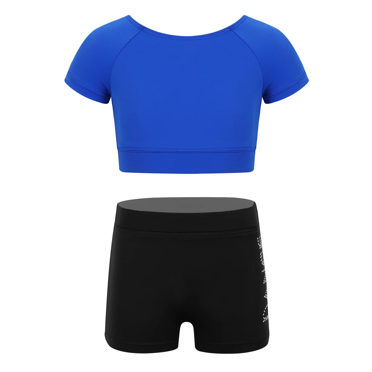 Girls Black Short Sleeve Tankini Crop Top Shorts Set Child Ballet Dance Sports - A.B.A