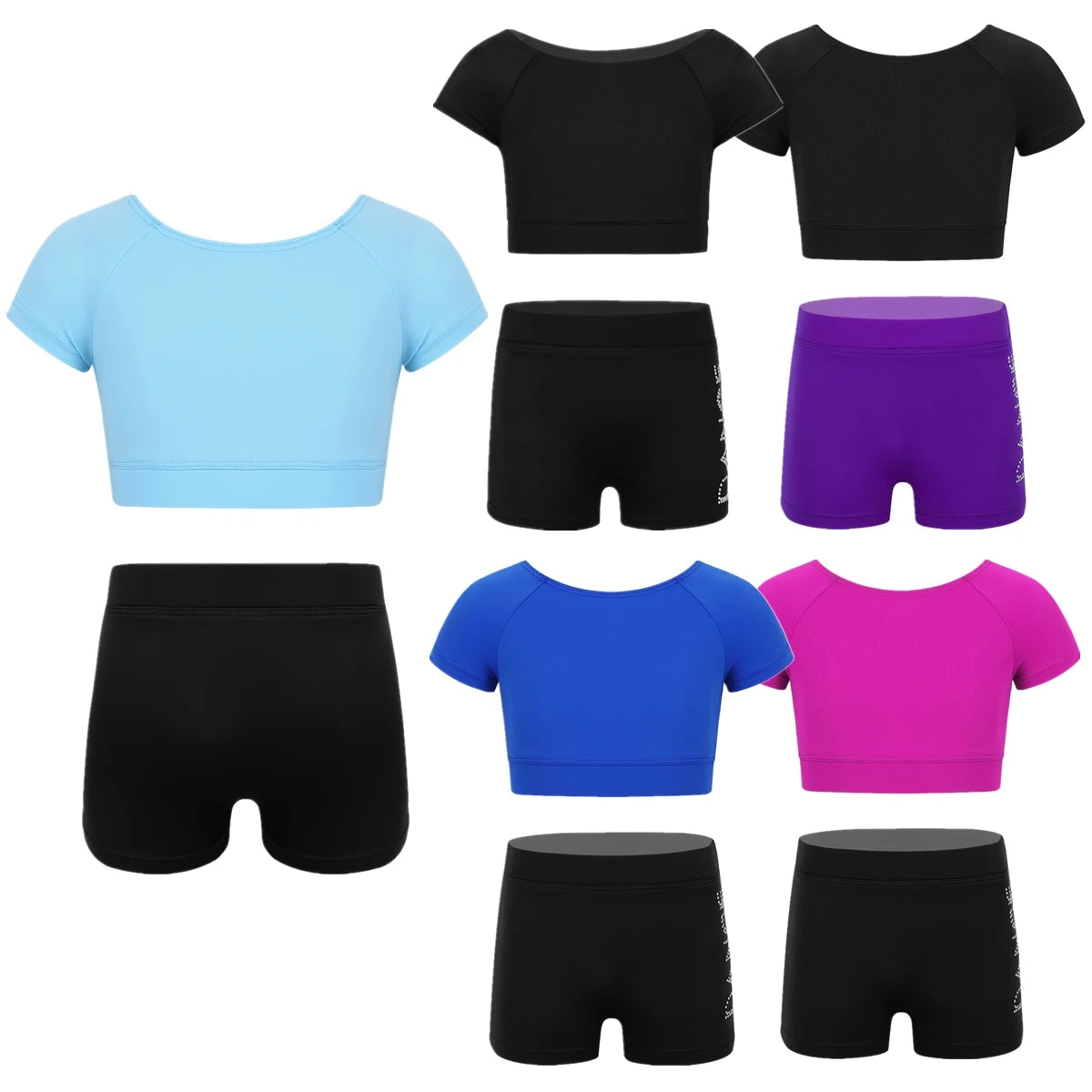 Girls Black Short Sleeve Tankini Crop Top Shorts Set Child Ballet Dance Sports - A.B.A