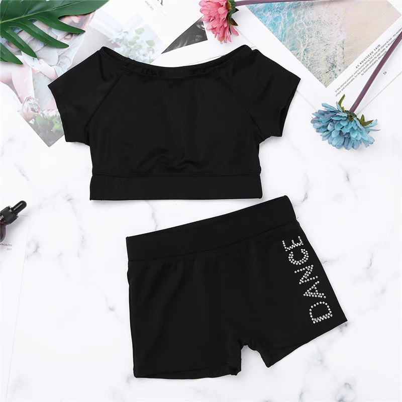 Girls Black Short Sleeve Tankini Crop Top Shorts Set Child Ballet Dance Sports - A.B.A