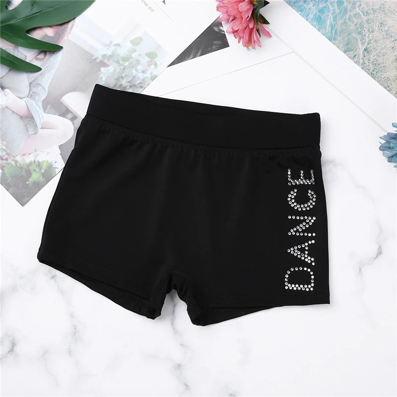 Girls Black Short Sleeve Tankini Crop Top Shorts Set Child Ballet Dance Sports - A.B.A
