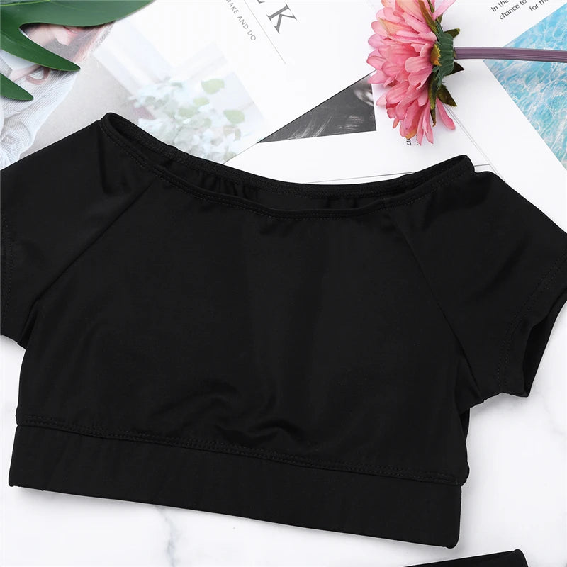 Girls Black Short Sleeve Tankini Crop Top Shorts Set Child Ballet Dance Sports - A.B.A