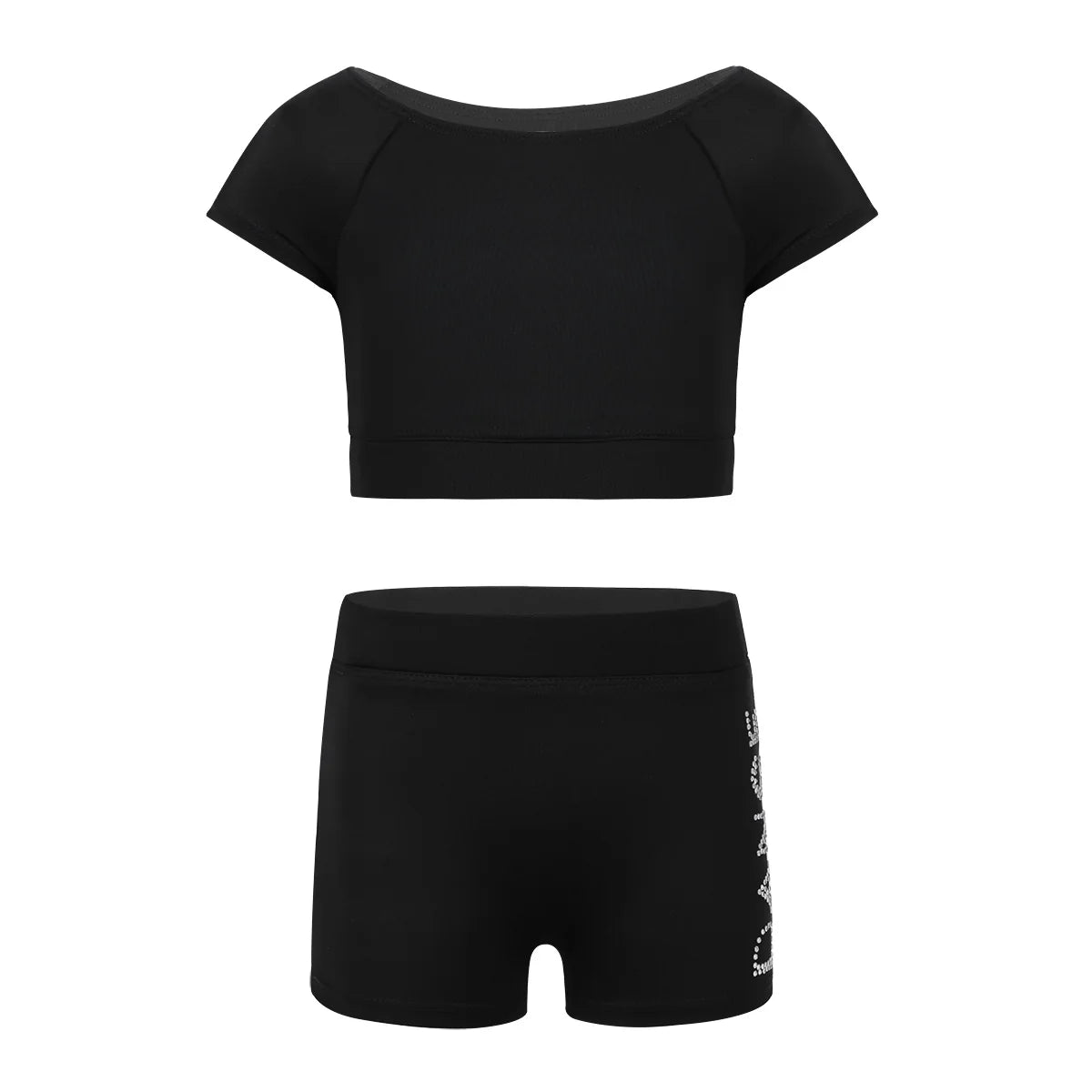 Girls Black Short Sleeve Tankini Crop Top Shorts Set Child Ballet Dance Sports - A.B.A