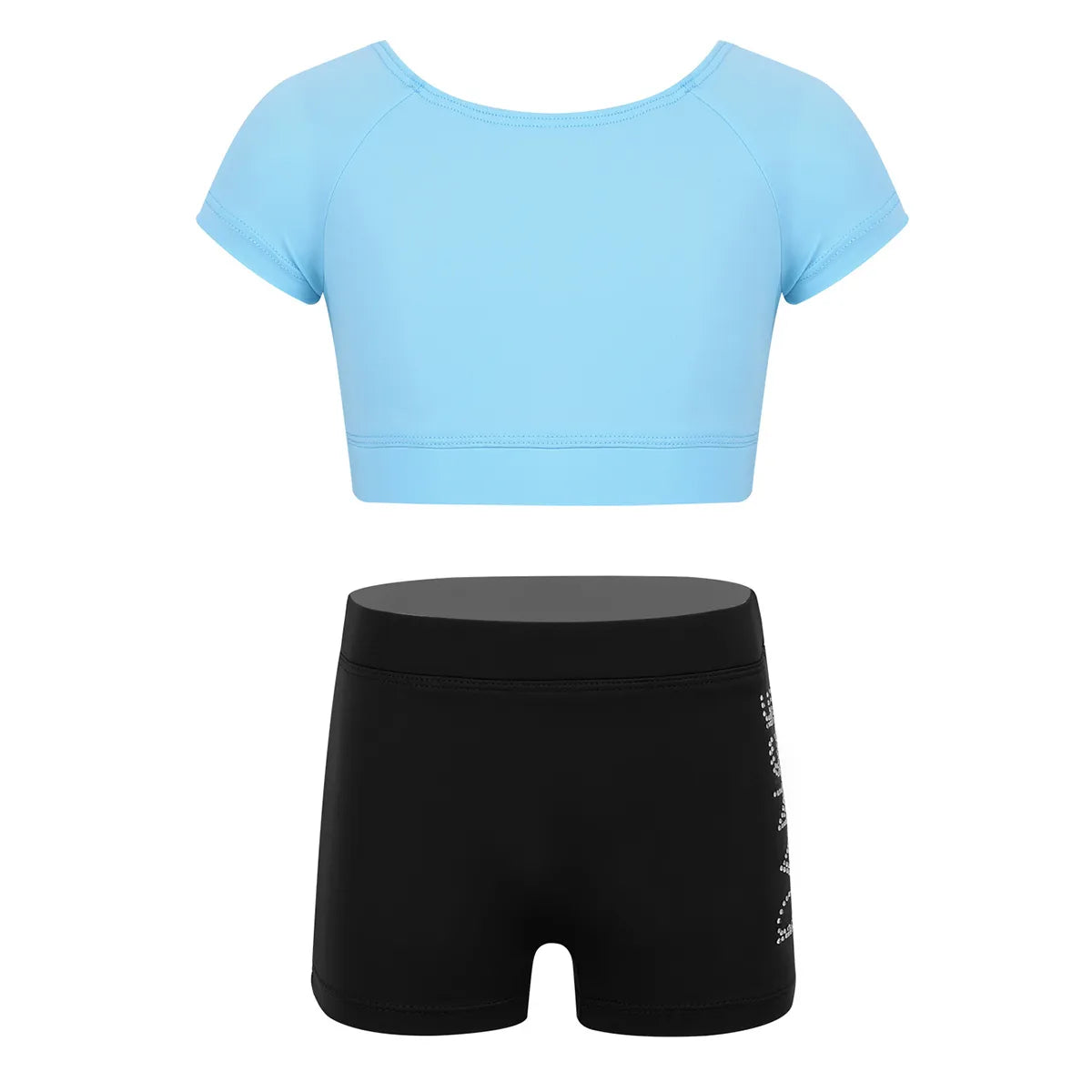 Girls Black Short Sleeve Tankini Crop Top Shorts Set Child Ballet Dance Sports - A.B.A