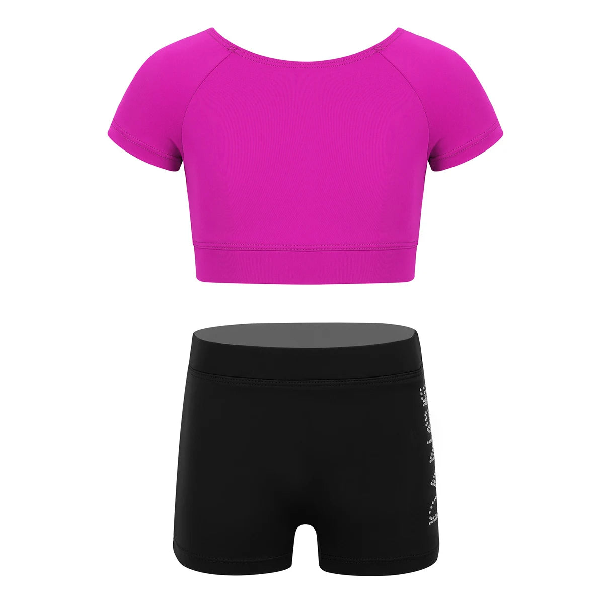 Girls Black Short Sleeve Tankini Crop Top Shorts Set Child Ballet Dance Sports - A.B.A