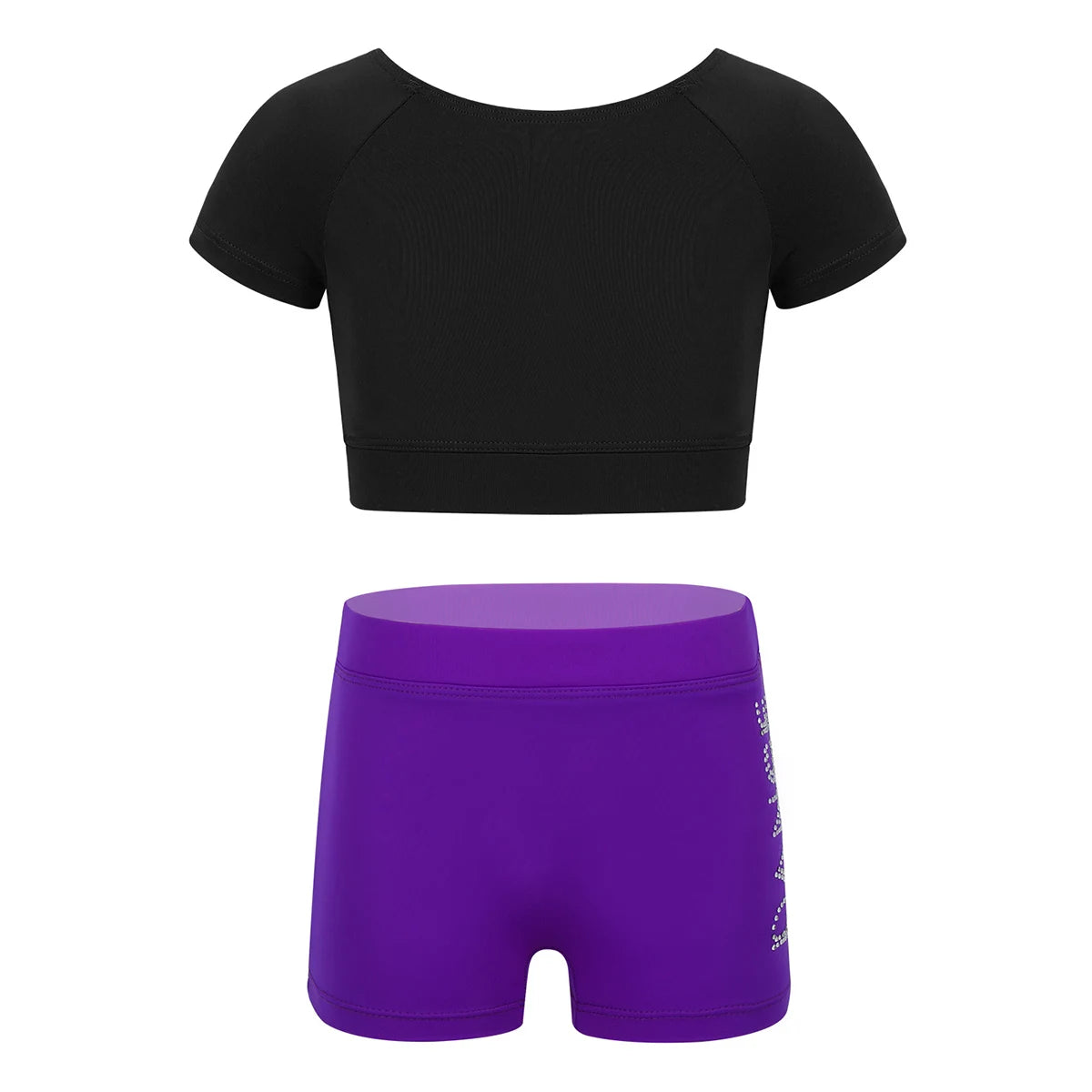 Girls Black Short Sleeve Tankini Crop Top Shorts Set Child Ballet Dance Sports - A.B.A