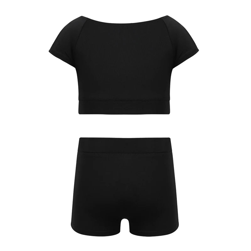 Girls Black Short Sleeve Tankini Crop Top Shorts Set Child Ballet Dance Sports - A.B.A
