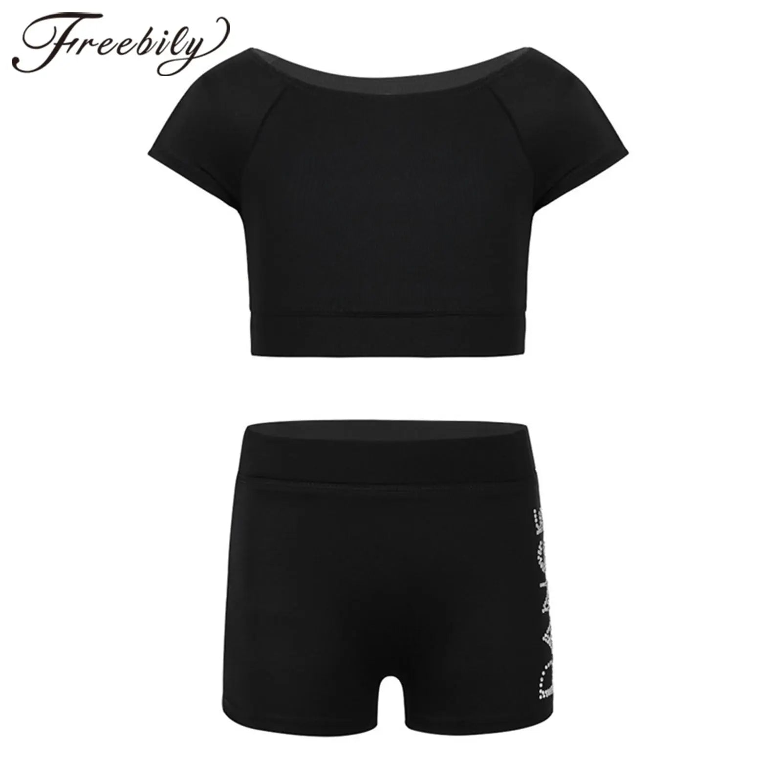 Girls Black Short Sleeve Tankini Crop Top Shorts Set Child Ballet Dance Sports - A.B.A